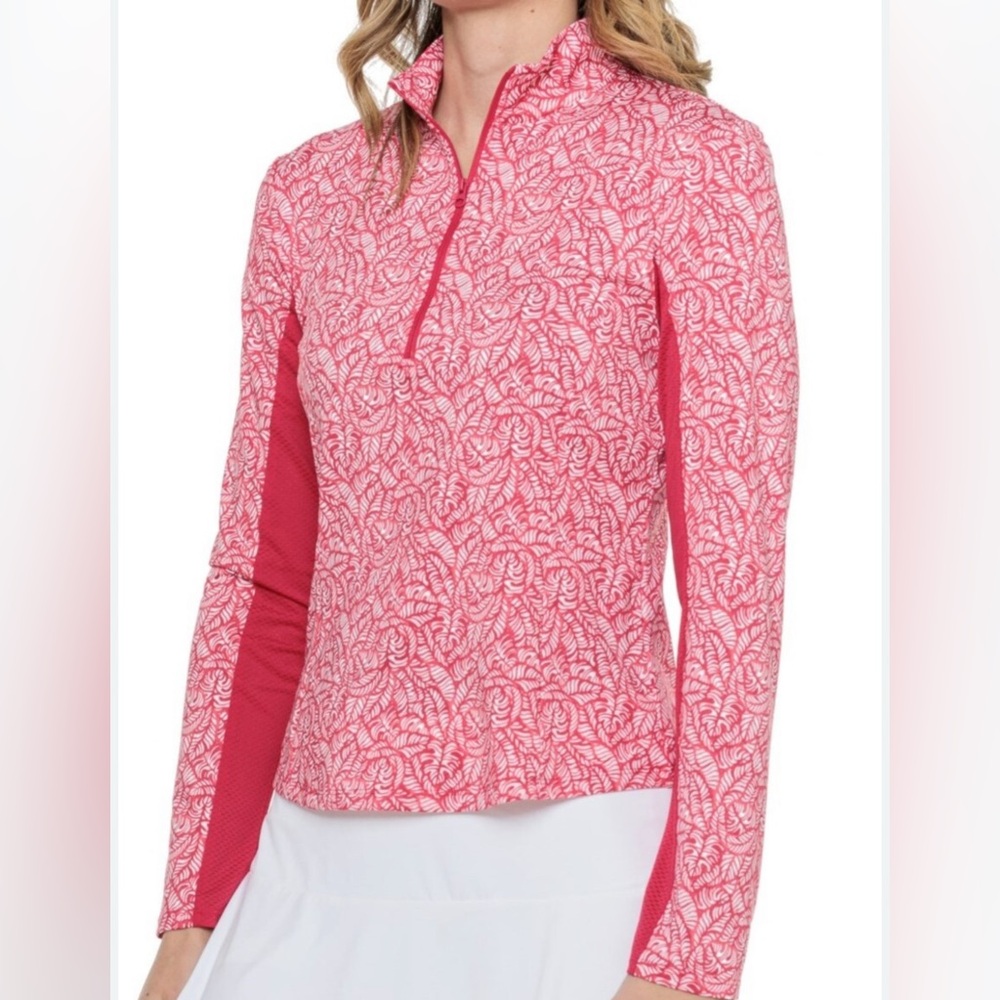 Tommy Bahama - women’s palm Viva Coral &White Long Sleeve 1/4 Zip UPF 50+ Top XS